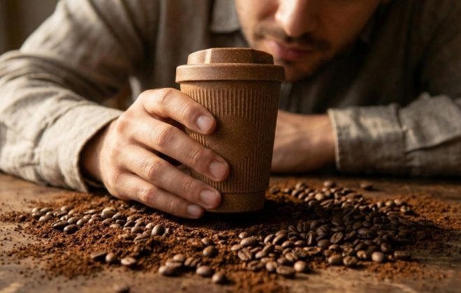 Ekologický pohár z recyklovanej kávovej usadeniny položený medzi kávovými zrnami.